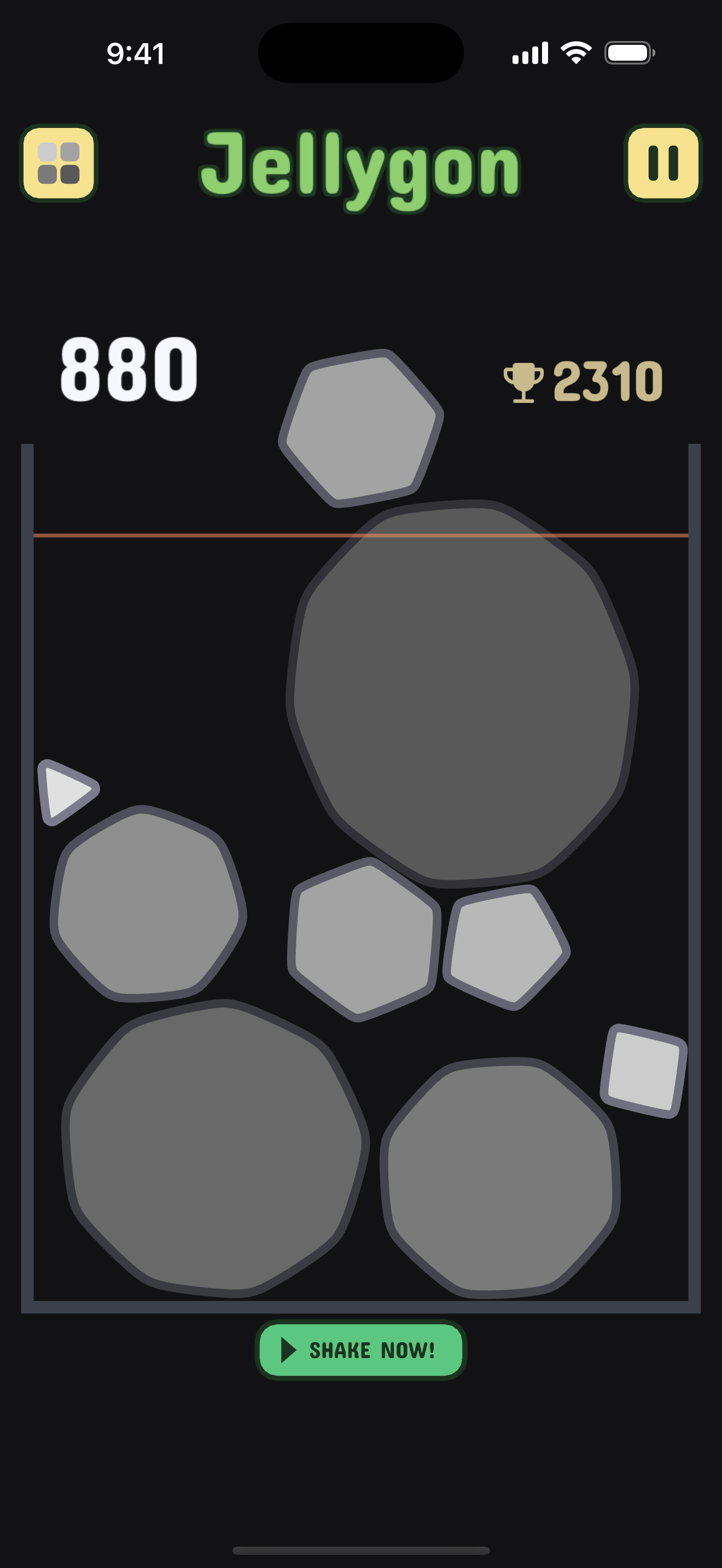A crowded late-game Jellygon board with soft shapes packed below the overflow line